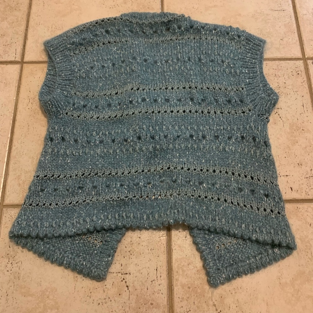 Vtg Handmade Textured Knit Vest Top Light Blue Sparkle Openwork Sweater | Small - Picture 2 of 4